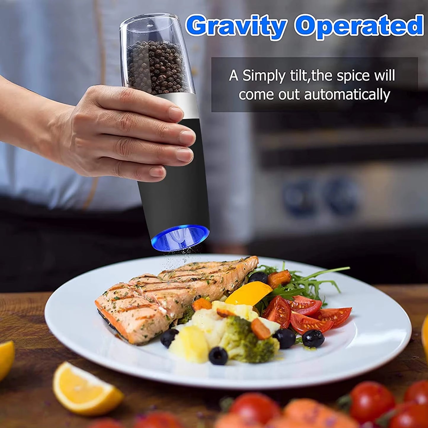 Gravity Electric Salt and Pepper Grinder Automatic AAA Battery Powered Salt Mill Adjustable Coarseness with Blue LED Light Home