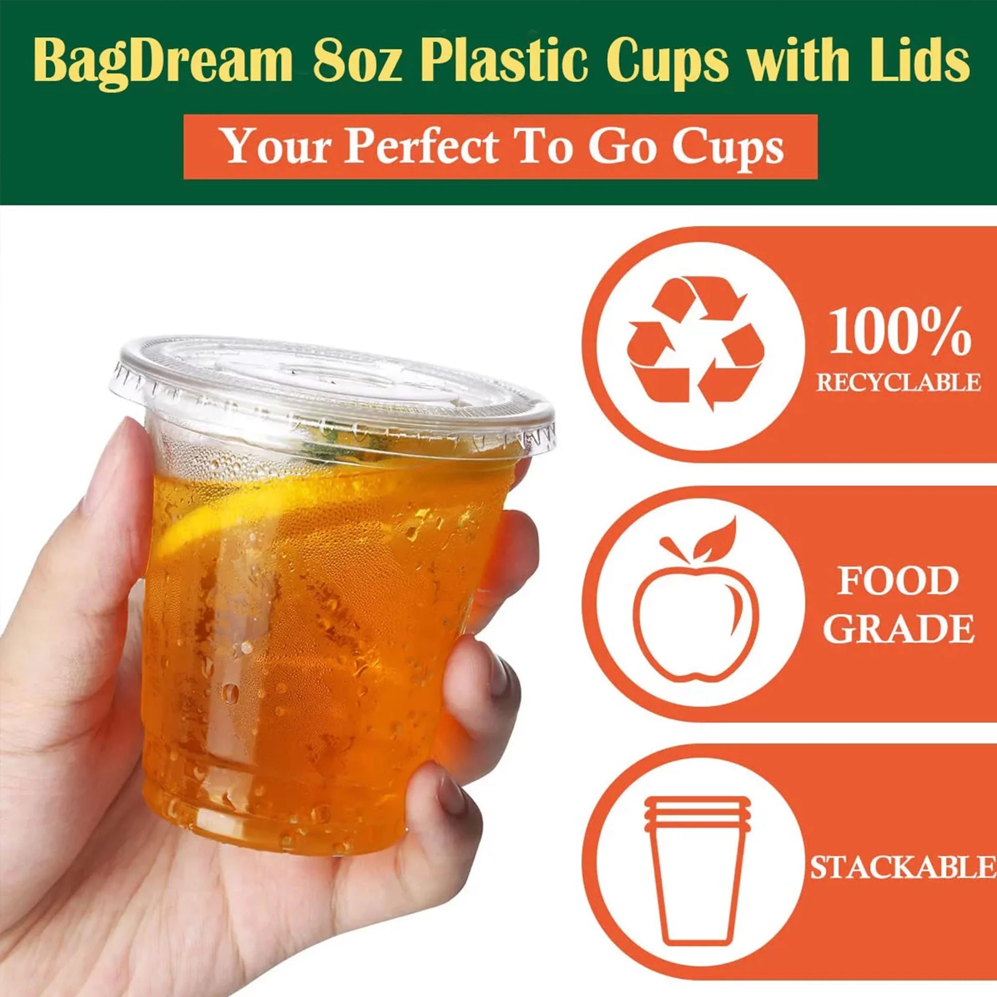 100 Sets 8 Oz Plastic Cups with Flat Lids, Disposable Clear Cups for Lids Ice Coffee Cups