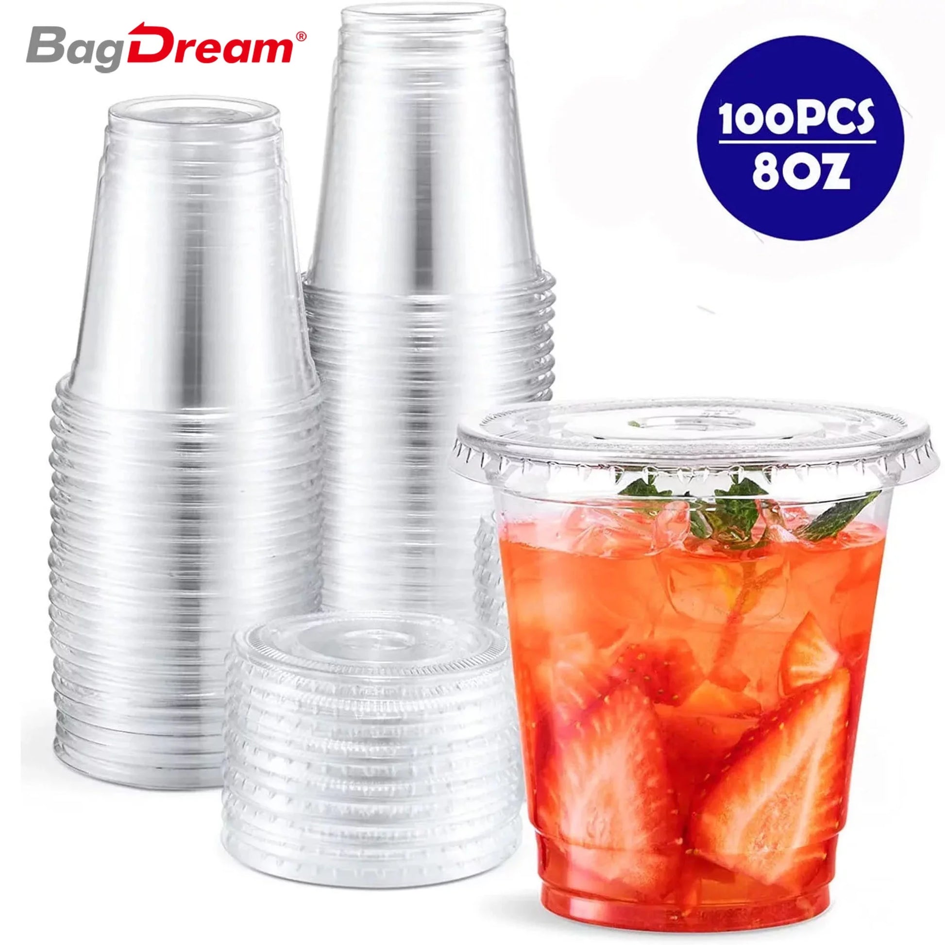 100 Sets 8 Oz Plastic Cups with Flat Lids, Disposable Clear Cups for Lids Ice Coffee Cups