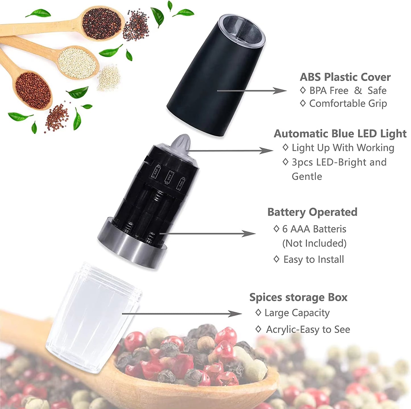 Gravity Electric Salt and Pepper Grinder Automatic AAA Battery Powered Salt Mill Adjustable Coarseness with Blue LED Light Home