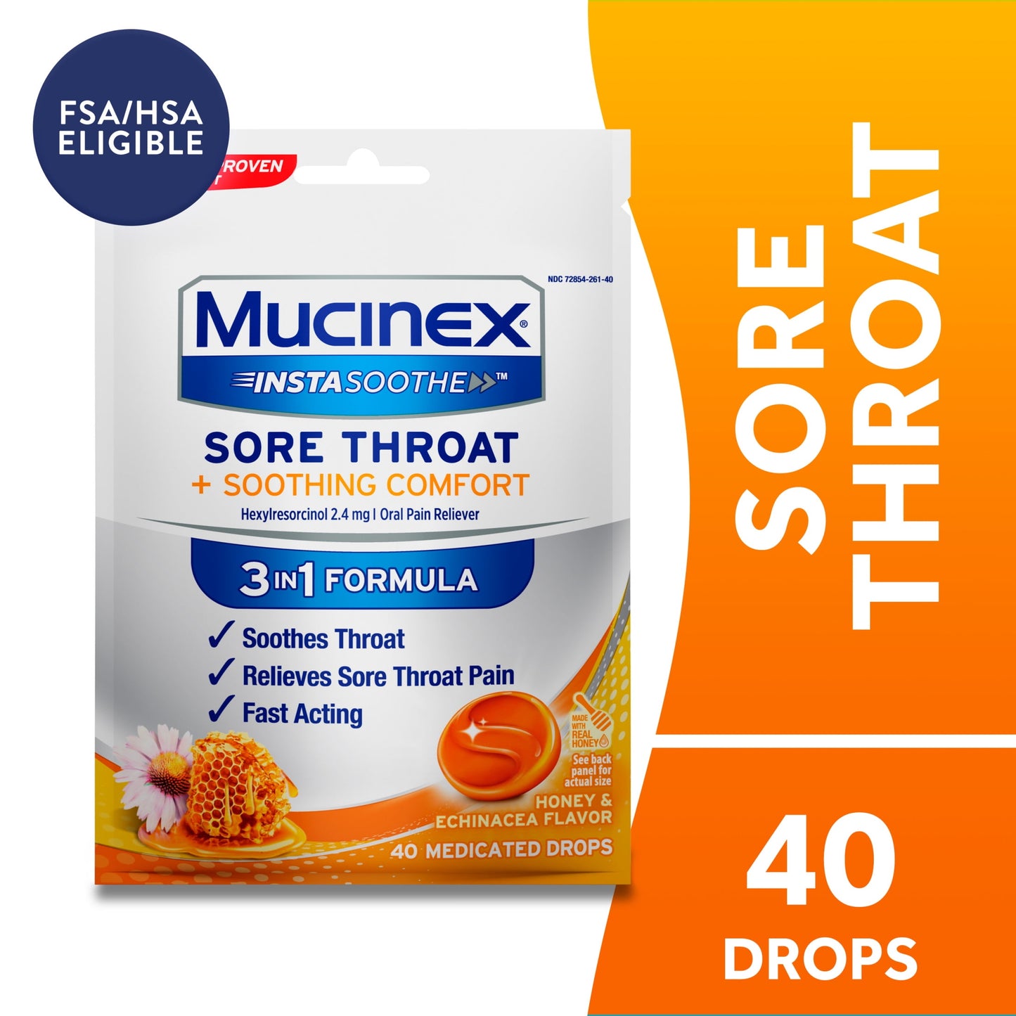 Instasoothe Sore Throat Lozenges, FSA, Honey & Echinacea Flavor, 40 Medicated Throat Drops