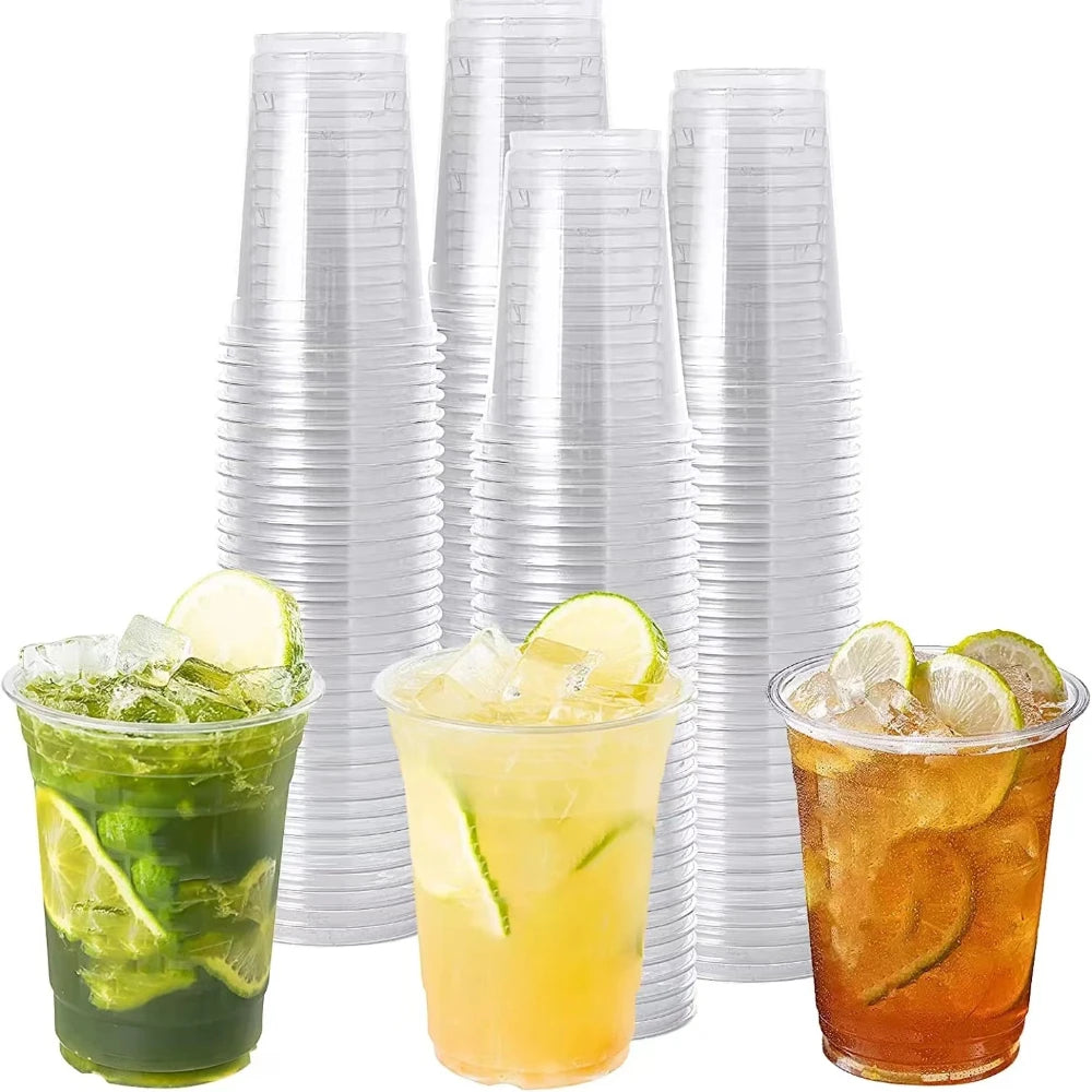 50PCS 16OZ Clear Plastic Cups Flat Lids