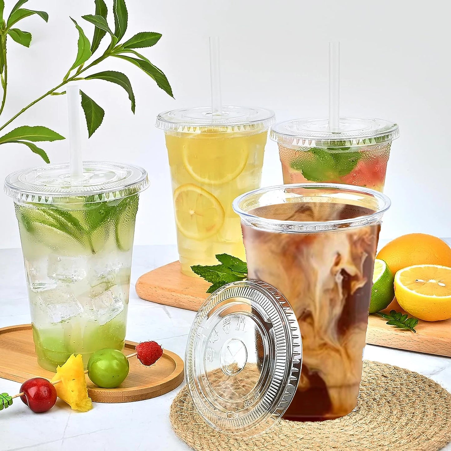 50PCS 16OZ Clear Plastic Cups Flat Lids