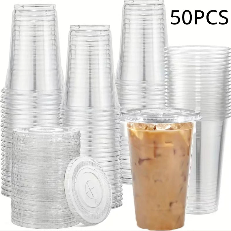 50PCS 16OZ Clear Plastic Cups Flat Lids Disposable Drinking Cups for Party Wedding Drinking Cups Bulk Ice Coffee Milkshakes