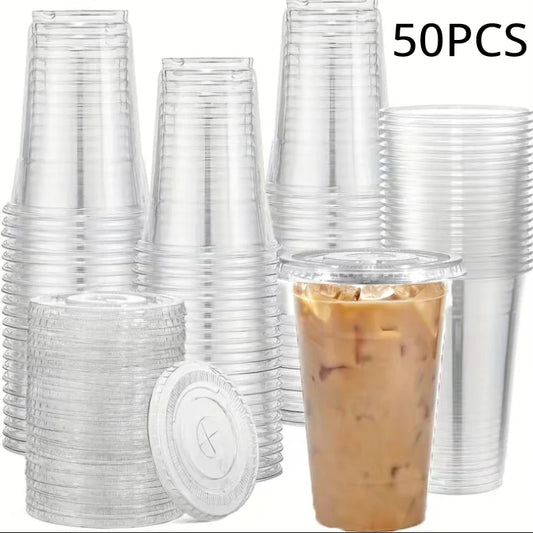 50PCS 16OZ Clear Plastic Cups Flat Lids