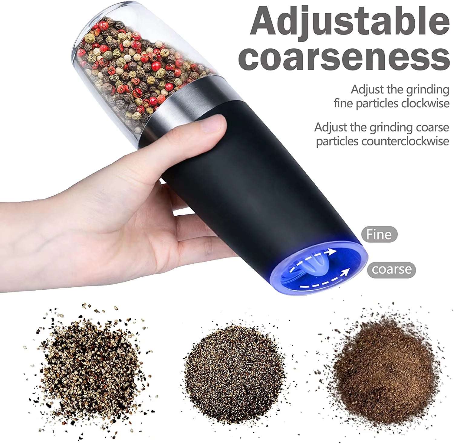 Gravity Electric Salt and Pepper Grinder Automatic AAA Battery Powered Salt Mill Adjustable Coarseness with Blue LED Light Home