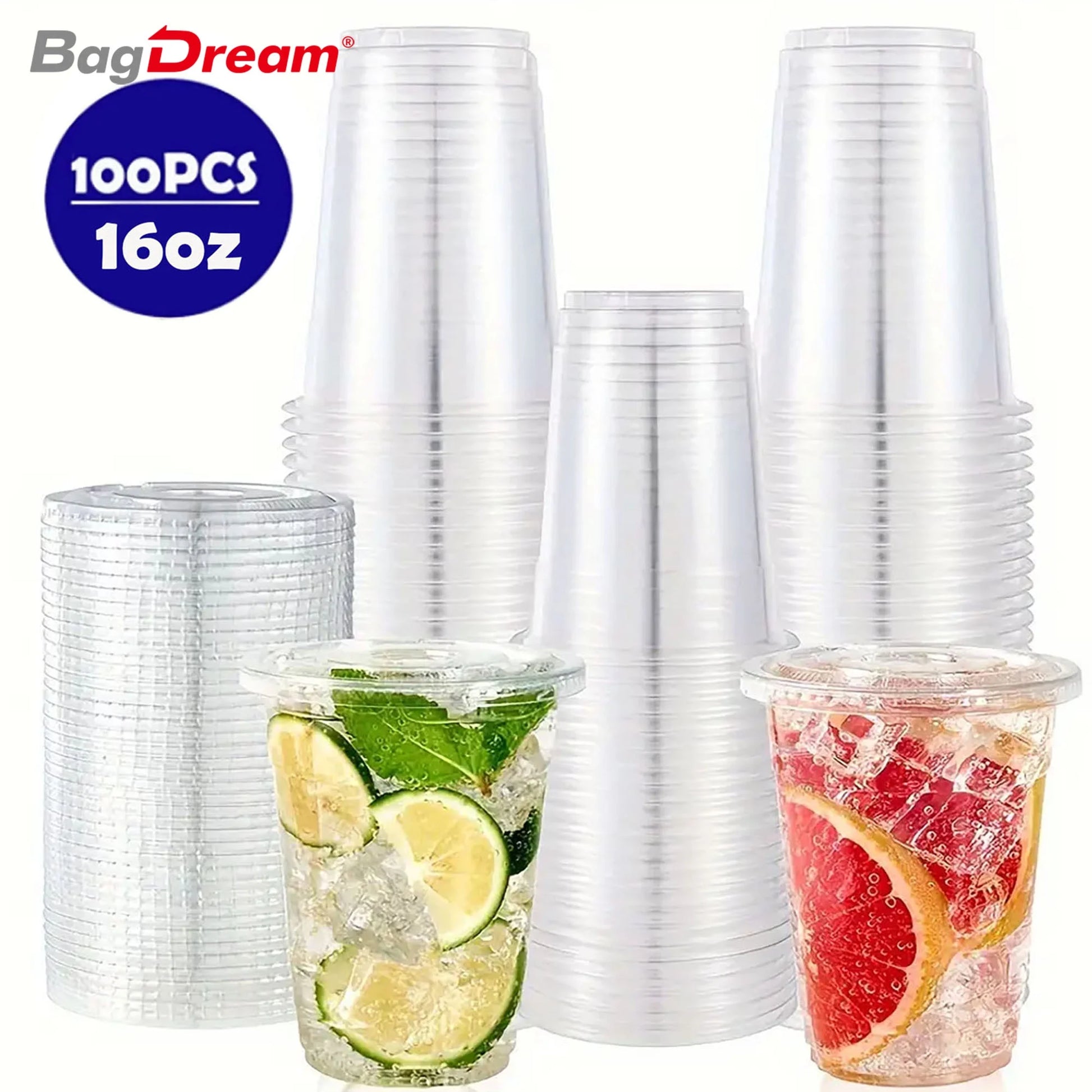 100 Pack 16 Oz Clear Plastic Cups with Lids, Disposable Clear Drink Cups with Lids for Party