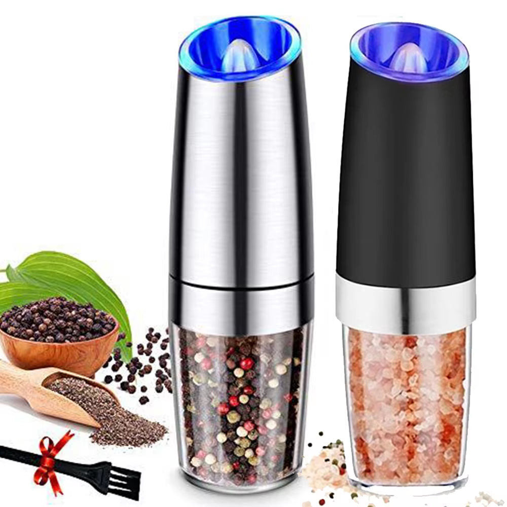 Gravity Electric Salt and Pepper Grinder Automatic AAA Battery Powered Salt Mill Adjustable Coarseness with Blue LED Light Home